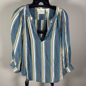 Maeve Byron Anthropologie Striped Peasant Top Blouse Balloon Sleeve V-Neck Small